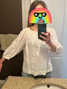 White gathered Peasant Blouse 100% linen. small, medium. Puff sleeve